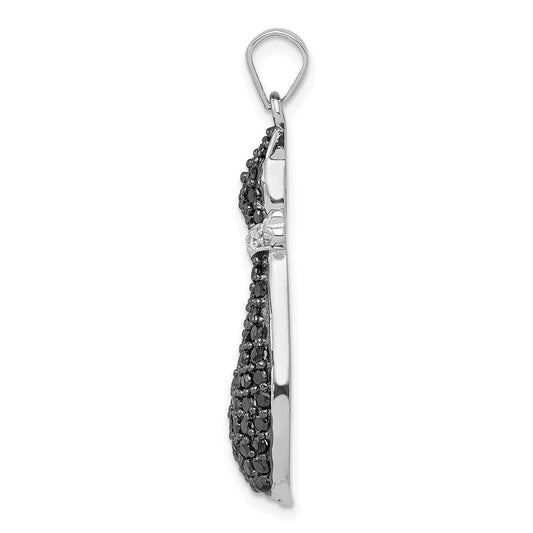 Sterling Silver Rhodium-plated Black & White CZ Cat with Bow Pendant QP2112