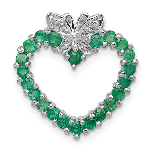 Sterling Silver Rhodium-plated Emerald & Diamond Heart Pendant QP2160