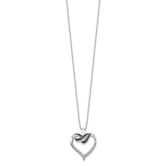 White Night Sterling Silver Rhodium-plated Black and White Diamond Heart 18 Inch Necklace with 2 Inch Extender QP2174