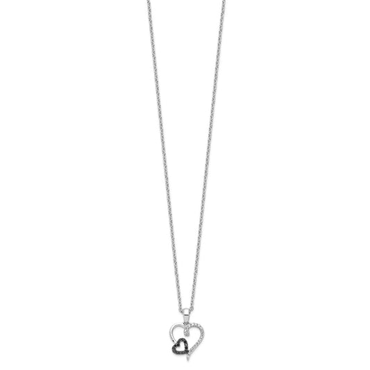 White Night Sterling Silver Rhodium-plated Black and White Diamond Double Heart 18 Inch Necklace with 2 Inch Extender QP2304