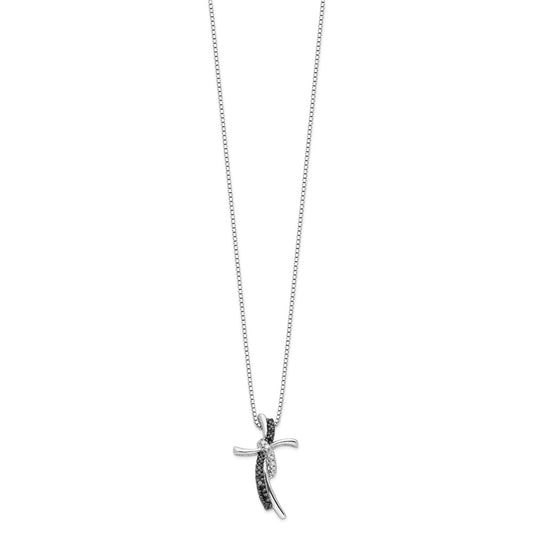 White Night Sterling Silver Rhodium-plated Black and White Diamond Cross 18 Inch Necklace with 2 Inch Extender QP2313