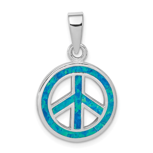 Sterling Silver Rhodium-plated Blue Inlay Created Opal Peace Sign Pendant QP2745