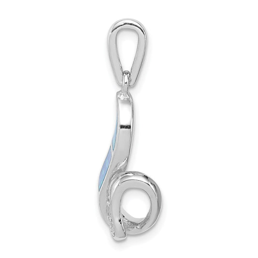 Sterling Silver Rhod-plated CZ Blue Inlay Created Opal Twisted Pendant QP2747