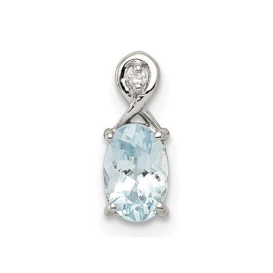 Sterling Silver Rhodium Plated Dia. & Aquamarine Oval Pendant QP2984AQ