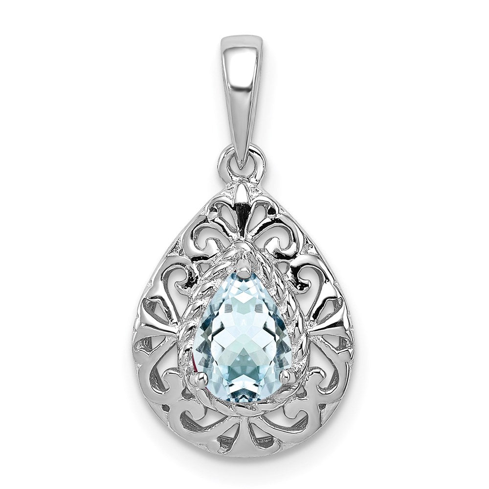 Sterling Silver Rhodium Plated Aquamarine Teardrop Pendant QP3005AQ
