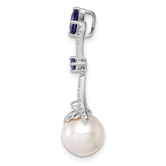 Sterling Silver Rhod Plated Dia. Created Sapphire FW Cultured Pearl Pendant QP3187