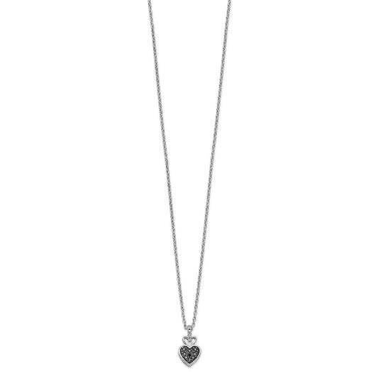 White Night Sterling Silver Rhodium-plated White and Black Diamond Heart 18 Inch Necklace with 2 Inch Extender QP3742