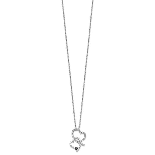 White Night Sterling Silver Rhodium-plated Black and White Diamond Double Heart 18 Inch Necklace with 2 Inch Extender QP3755