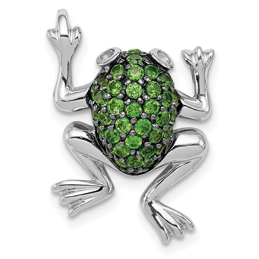 Sterling Silver Rhodium White Topaz & Chrome Diopside Frog Pendant QP4550CD
