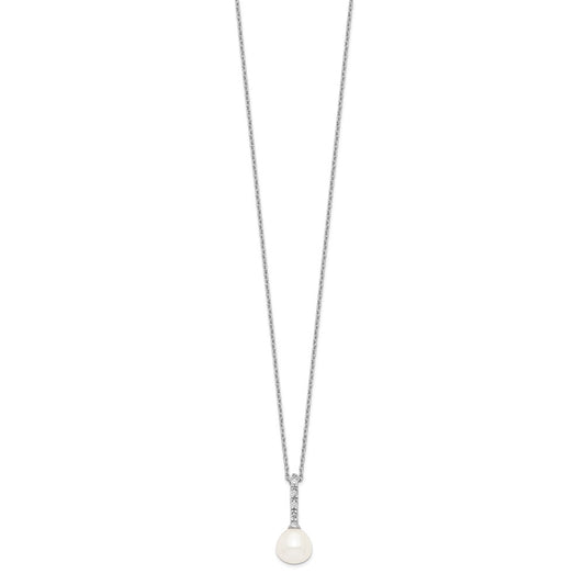 Sterling Silver Rhodium-plated 7-8mm White Teardrop Freshwater Cultured Pearl and CZ 17 inch Necklace QP4630