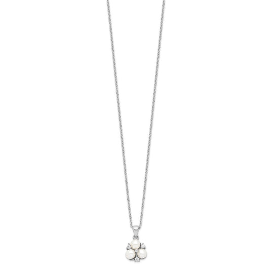 Sterling Silver Rhodium-plated 5-6mm White Button Freshwater Cultured 3-Pearl and CZ 17 inch Necklace QP4633