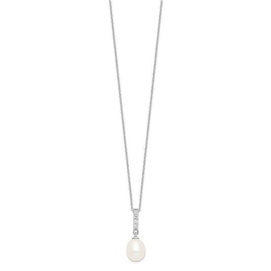 Sterling Silver Rhodium-plated 8-9mm White Teardrop Freshwater Cultured Pearl and CZ 17 inch Necklace QP4699