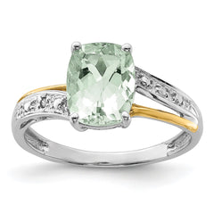 Brilliant Gemstones Sterling Silver with 14K Accent Rhodium-plated Green Quartz and Diamond Ring