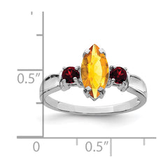 Sterling Silver Rhodium Citrine & Garnet Ring