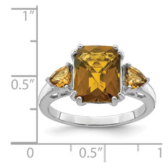 Sterling Silver Rhodium Checker-Cut Whiskey Quartz Ring
