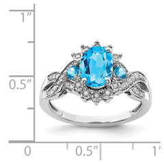 Sterling Silver Rhodium Diam. & Blue Topaz Ring