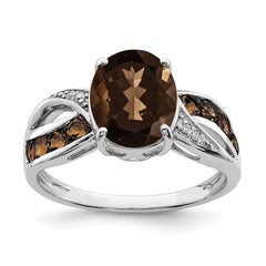 Sterling Silver Rhodium Diam. & Smoky Quartz Ring