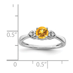 Sterling Silver Rhodium Plated Diamond and Citrine Round Ring