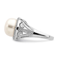 Sterling Silver Rhodium-plated 10-11mm White Button Freshwater Cultured Pearl and CZ Ring