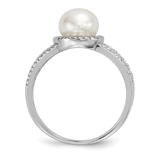 Sterling Silver Rhodium-plated 7-8mm White Button Freshwater Cultured Pearl and CZ Ring