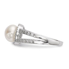 Sterling Silver Rhodium-plated 7-8mm White Button Freshwater Cultured Pearl and CZ Ring