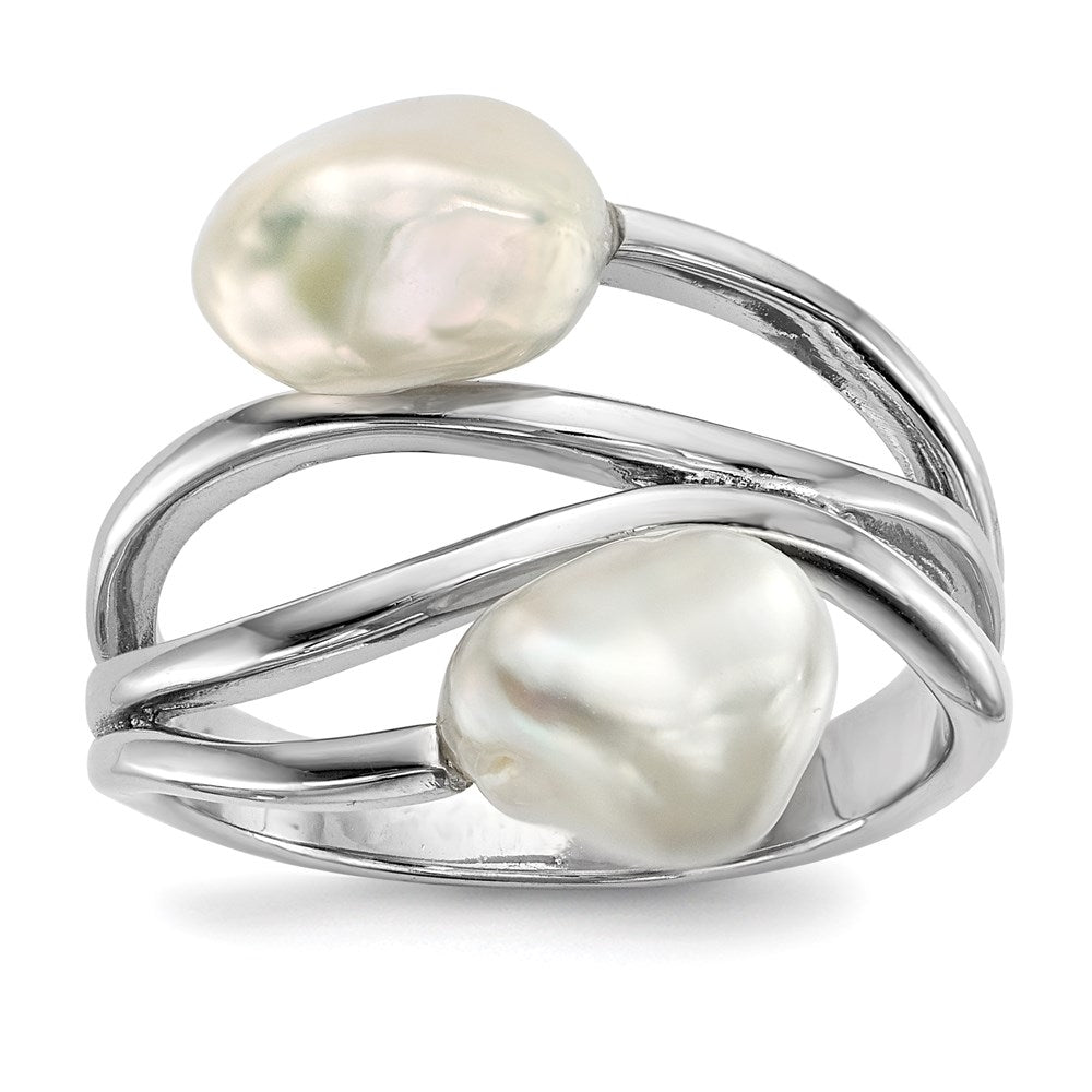 Sterling Silver Rhodium-plated 7-8mm White Baroque Freshwater Cultured Pearl Ring