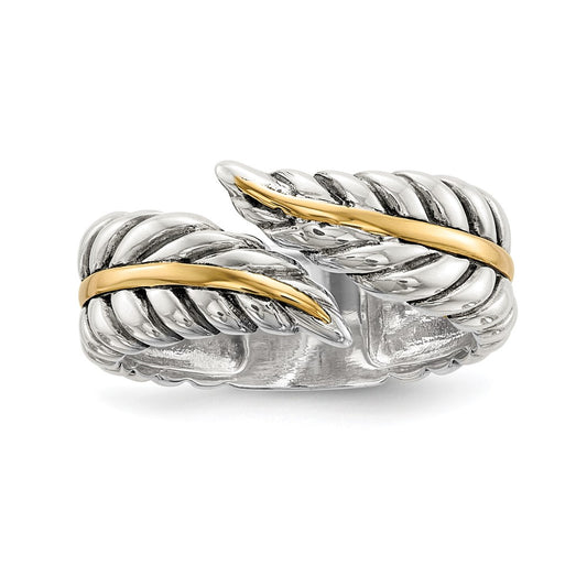Sterling Silver w/14k Antiqued Leaves Bypass Ring