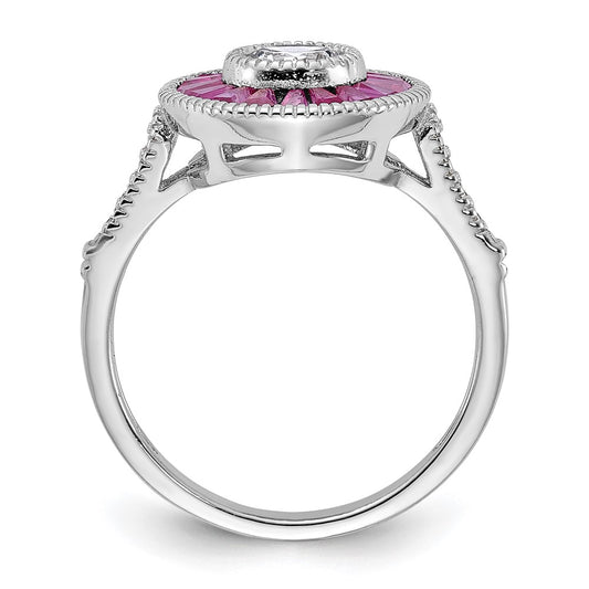 Sterling Silver Rhodium-plated Polished Created Ruby and CZ Ring