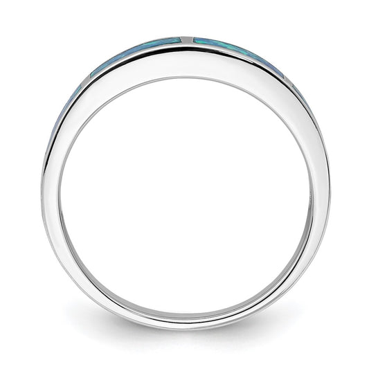 Sterling Silver Rhodium-plated Lab Created Blue Opal Inlay Band