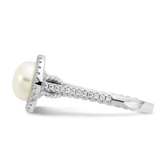 Sterling Silver Rhodium-plated 7-8mm Button White Freshwater Cultured Pearl and CZ Ring