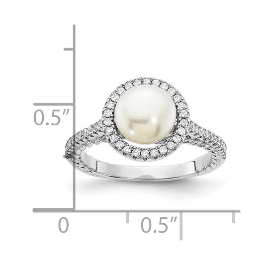 Sterling Silver Rhodium-plated 7-8mm Button White Freshwater Cultured Pearl and CZ Ring