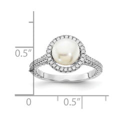 Sterling Silver Rhodium-plated 7-8mm Button White Freshwater Cultured Pearl and CZ Ring