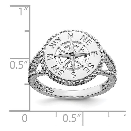 De-Ani Sterling Silver Rhodium-Plated Polished Compass with Rope Trim Ring