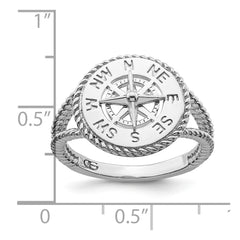 De-Ani Sterling Silver Rhodium-Plated Polished Compass with Rope Trim Ring