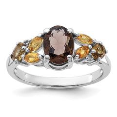 SS Rhodium Smoky and Whiskey Quartz Citrine White Topaz Ring