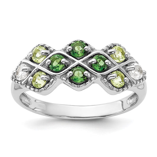 Sterling Silver Rhodium Chrome Diopside Peridot and White Topaz Ring