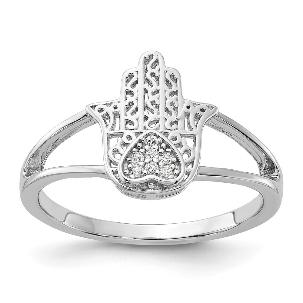 Sterling Silver Rhodium-plated CZ Heart Hamsa Ring