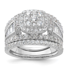 Sterling Silver Rhodium-plated CZ Engagement Ring w/2 Bands 3 Ring Set