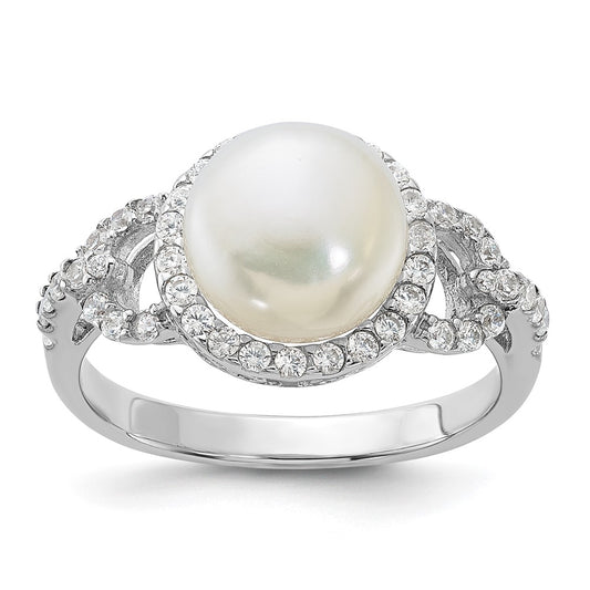 Sterling Silver Rhodium-plated 9-10mm White Button Freshwater Cultured Pearl and CZ Ring