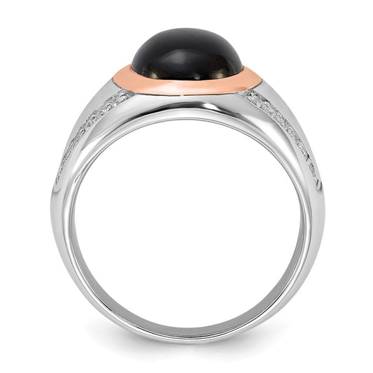 Sterling Silver RH-plated Rose Gold-plated Onyx and CZ Ring
