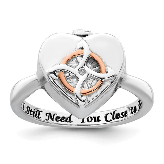 Sterling Silver Rhodium-plated with Rose-tone Circle Celtic Heart I STILL NEED YOU CLOSE TO ME (Inside) Ash Holder Size 6 Ring
