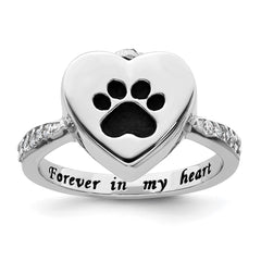 Sterling Silver Rhodium-plated CZ Shank Heart Enameled Paw Print FOREVER IN MY HEART (Inside) Ash Holder Size 6 Ring