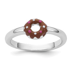 Sterling Silver Rhodium-plated Children's Size 3 Brown with Pink and White Enamel Sprinkled Donut Ring