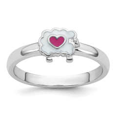 Sterling Silver Rhodium-plated Children's Size 3 White and Pink Enamel Sheep with Heart Ring