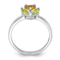 Sterling Silver Rhodium-plated Polished Heart Citrine and Peridot Flower Ring
