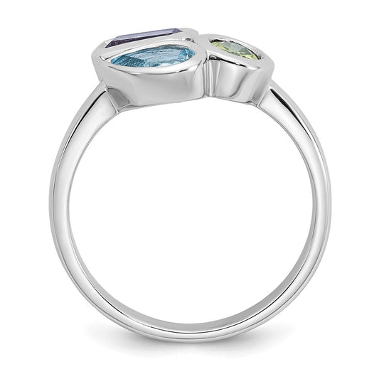Sterling Silver Rhodium-plated Polished Pear Blue Topaz, Oval Peridot and Emerald-cut Amethyst Size 6 Ring