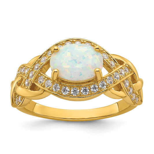 Sterling Silver Gold-tone Polished CZ and Lab Created Opal Size 6 Twisted Ring