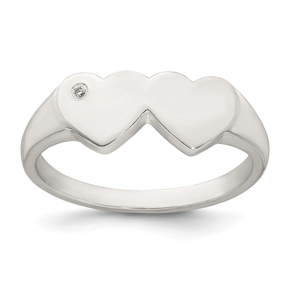 Sterling Silver Polished White CZ Double Heart Size 6 Signet Ring