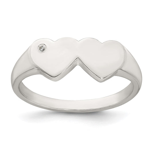 Sterling Silver Polished White CZ Double Heart Size 6 Signet Ring
