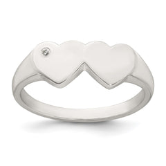 Sterling Silver Polished White CZ Double Heart Size 6 Signet Ring